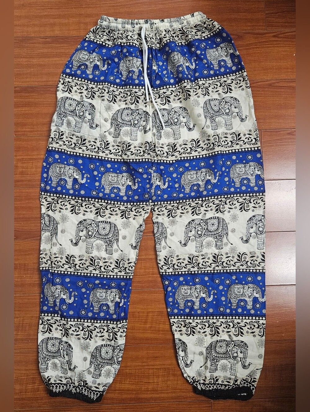 Women's Wide Leg Elephant Print Harem Pants Thai Elephant Pants Blue White Small